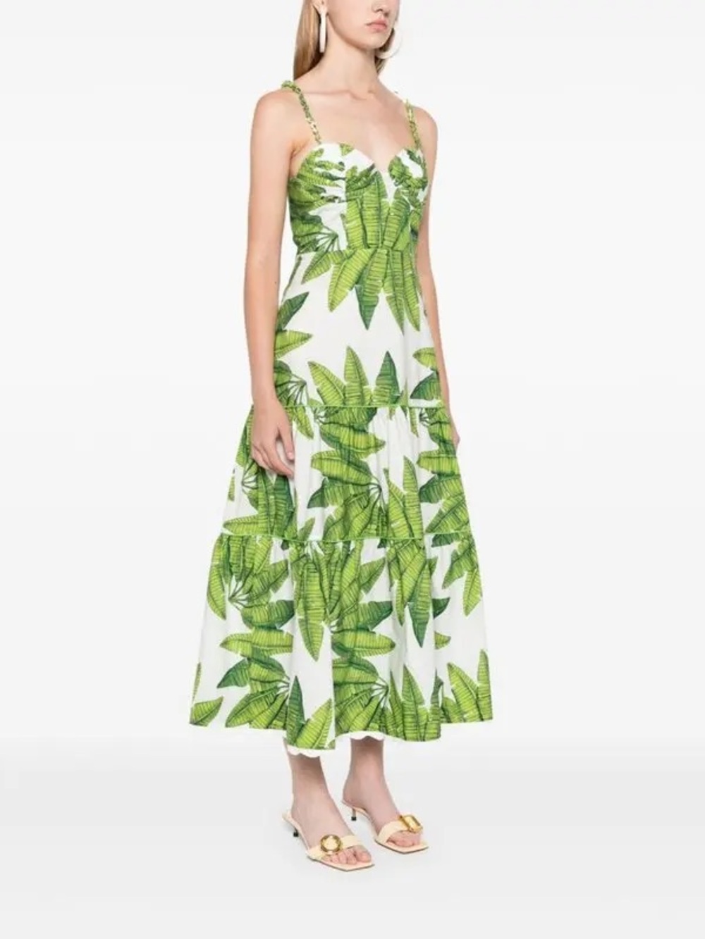 FARM Rio Palm Fan Off White Midi Dress L Green Leaf Beaded Straps
